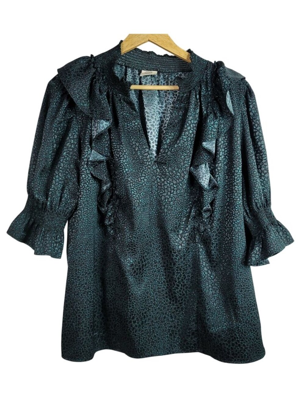 Good Hart Matilda Jane Ruffle It Up Pullover Top Black Green XL Smocked V Neck